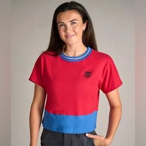 NWT FC BARCELONA Crop Tee Red Blue Sold Out Womens Small Official Fan Shirt